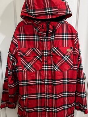 nomi Red Plaid Hooded Ski Jacket with Black & White Accents